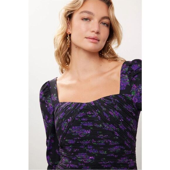 Amur Giulia Pleated Mini Dress Long Sleeve Black Purple Floral Size 6 - Picture 11 of 16
